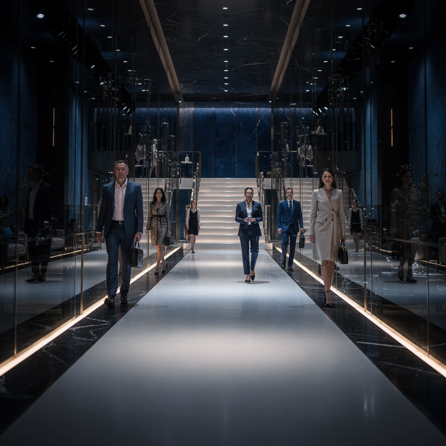 Transparent participant pathway in a futuristic interior