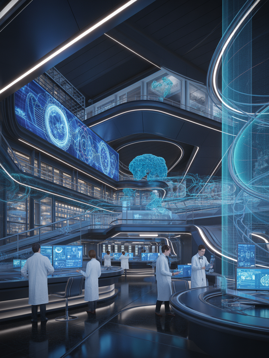 Futuristic research lab with holographic biology displays