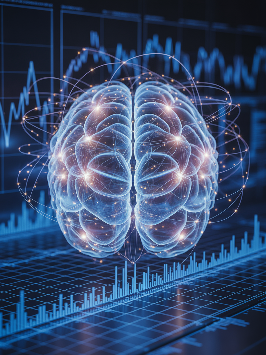Glowing digital brain over measurement data